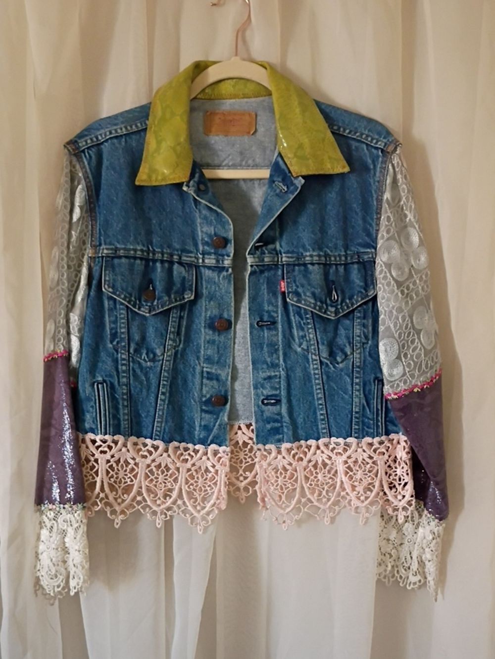 Levi's Blue Denim Patchwork Jacket with Yellow Collar